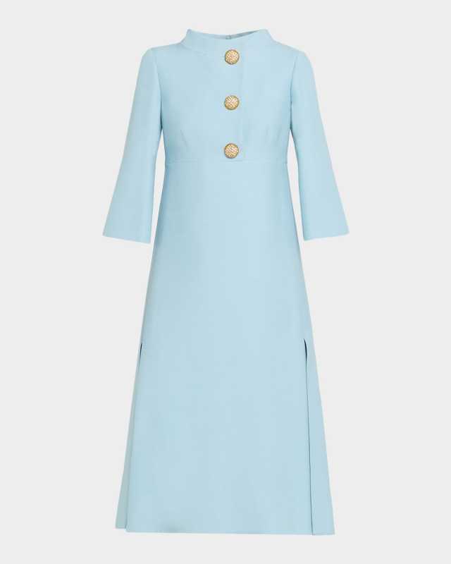 Strass Button High-Neck Crepe Midi Dress